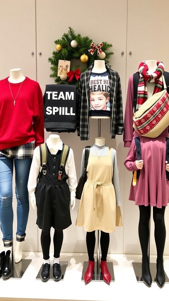 Stylish Christmas School Outfit Ideas Stylish Christmas school outfits on mannequins, featuring sweaters, skirts, dresses, and festive accessories.